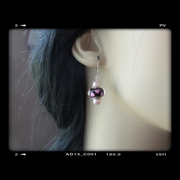 Epoxy Resin Pink Heart Lever Back Earrings - Picture 2 of 2